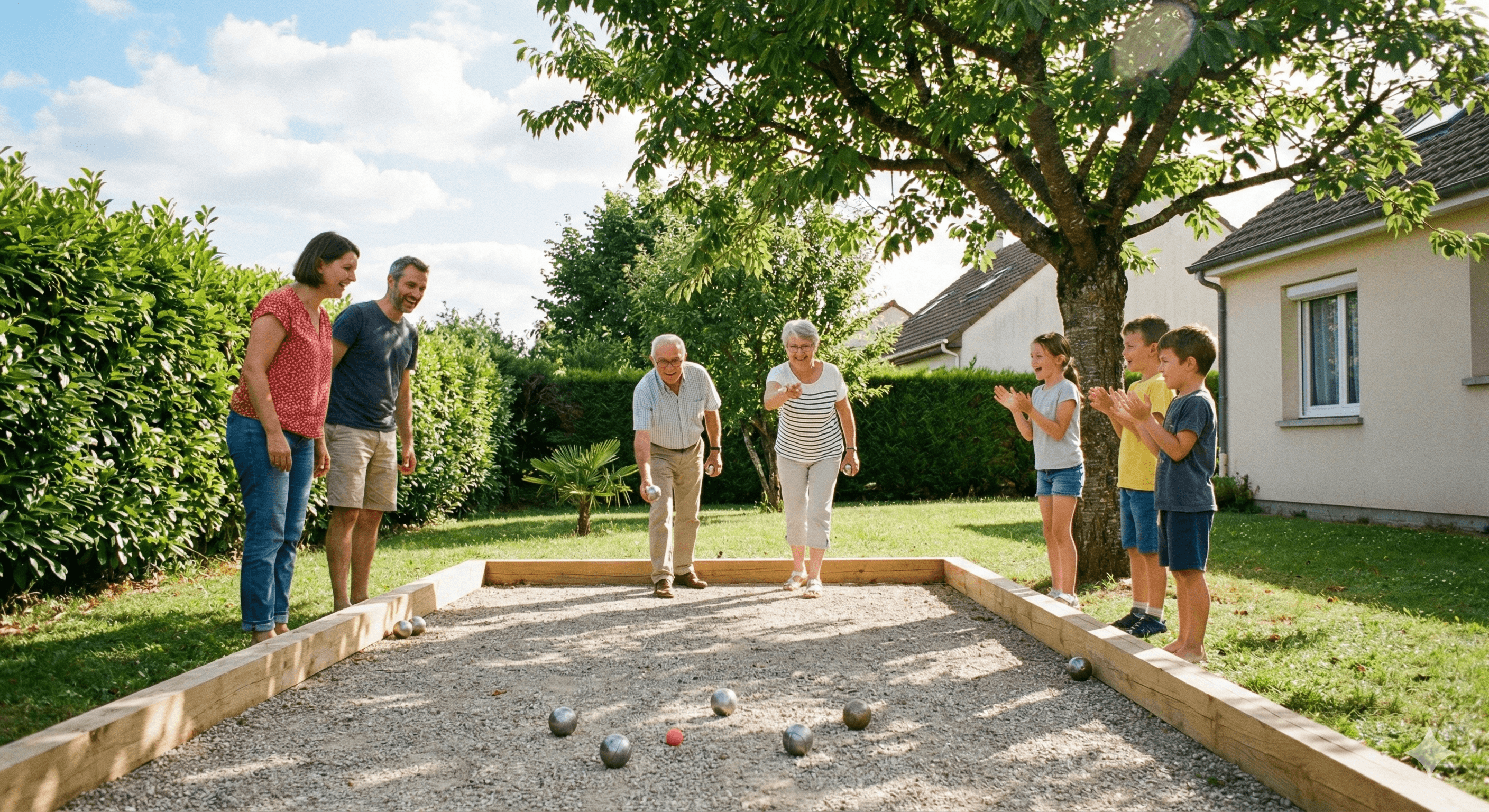 Famille multigénérationnelle jouant à la pétanque